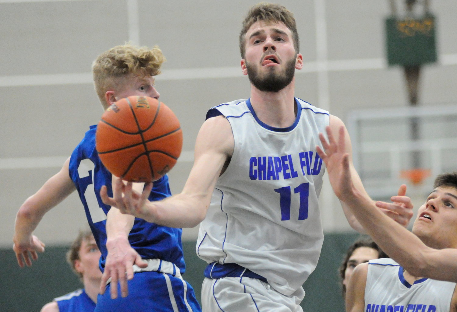 Not to be contained. Chapel Field’s Mikey Bonagura cuts through the Blue Devils opposition, including Roscoe’s Aiden Johnson. Bonagura posted 8 points.